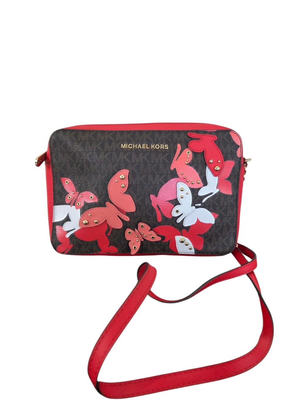 Michael Kors Red Butterfly Jet Set Crossbody Bag Embellished Whimsical Like New
